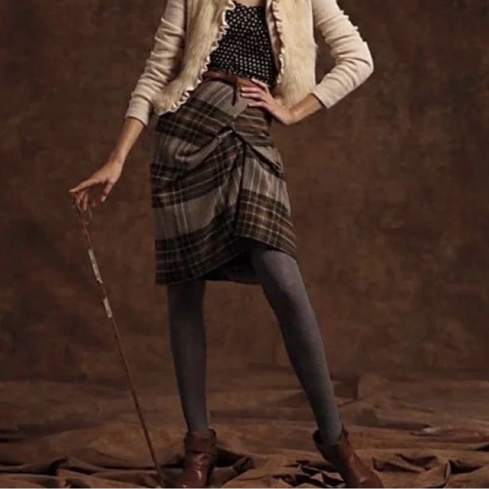 Anthropologie Cartonnier Brown Tartan Plaid Wool Blend Gathered Skirt Sz 6